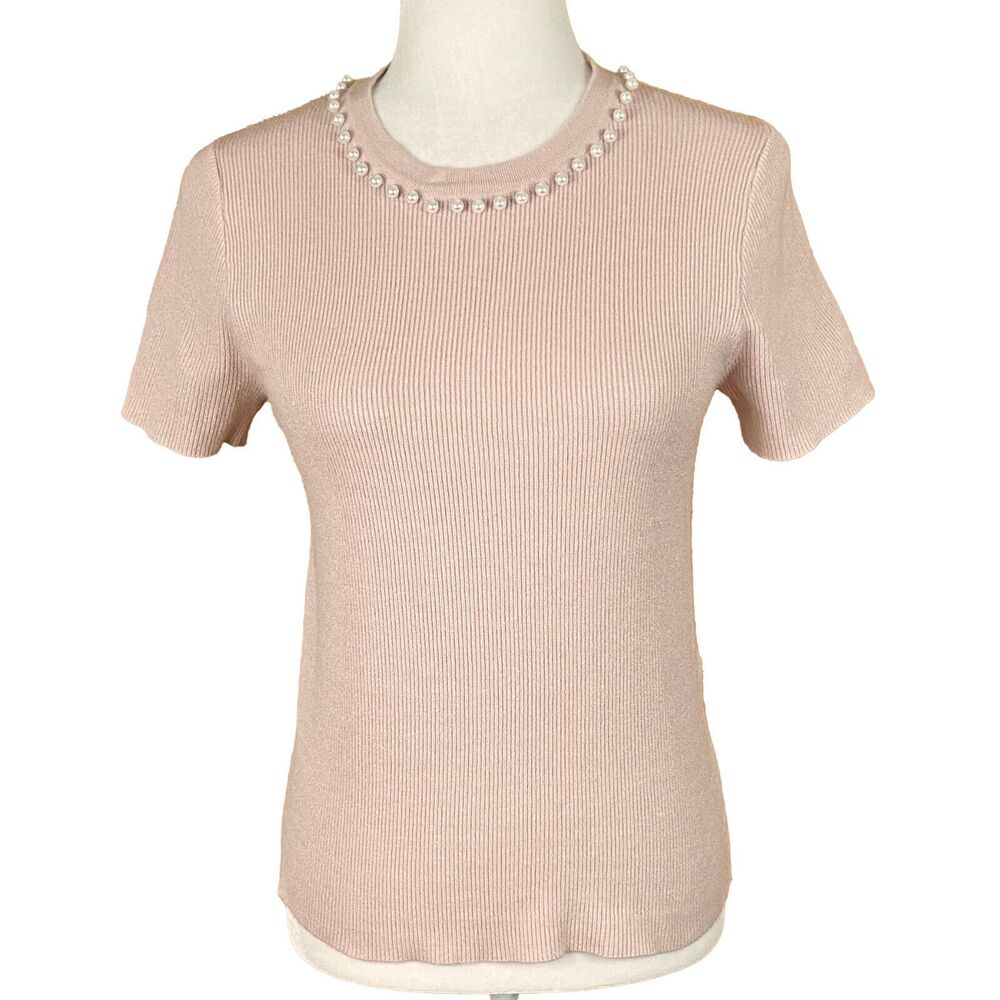 NAF NAF Ribbed Sweater Size S Soft Pink Pearl Embellishments Short Sleeves